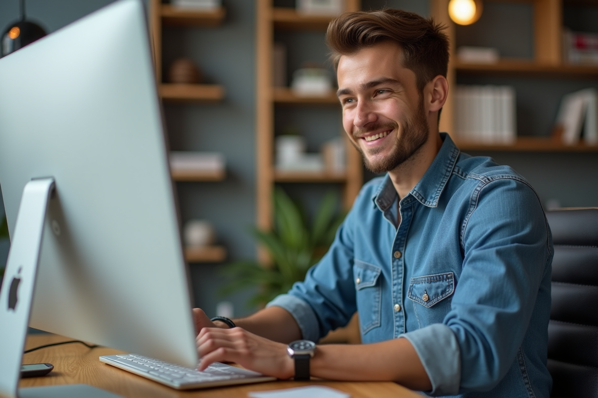 Jeune homme en denim au bureau en train de cliquer sur son ordinateur