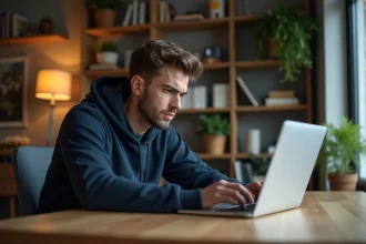 Jeune homme en bureau moderne regardant son ordinateur