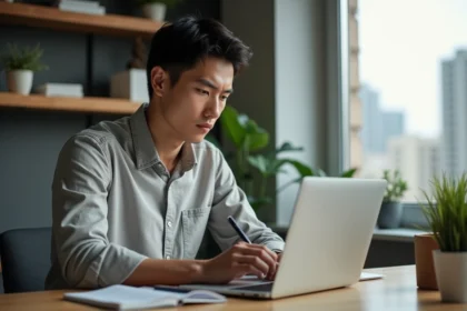 Jeune homme concentré travaillant dans un bureau moderne