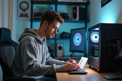 Jeune homme vérifiant une checklist devant un PC gaming