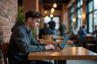 Jeune homme analysant du code sur un ordinateur dans un café moderne