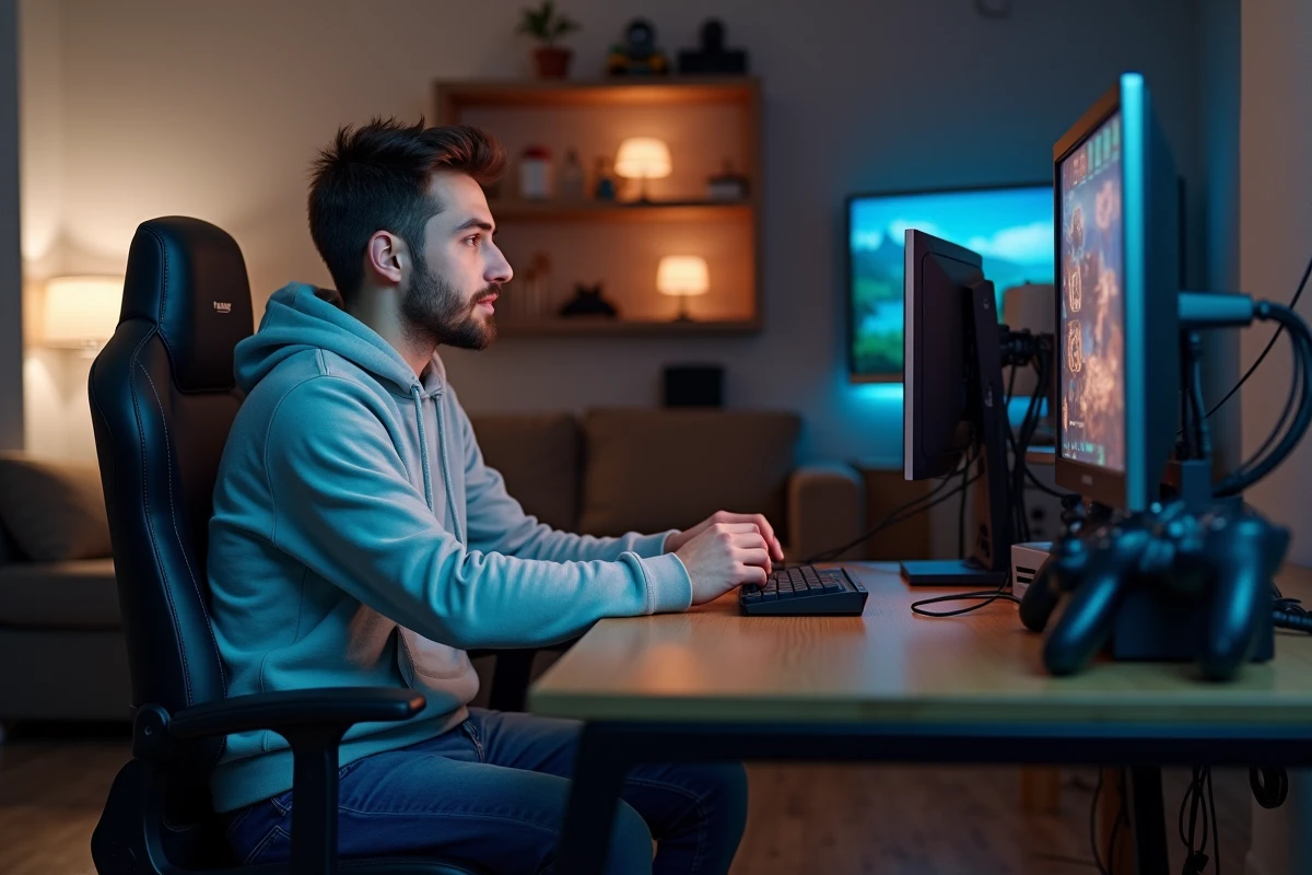 Jeune homme concentré jouant sur son ordinateur gaming