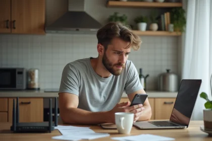 Jeune homme frustré utilisant son smartphone à la maison