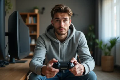 Jeune homme jouant à un jeu vidéo avec manette dans un salon minimaliste