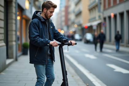 Jeune homme ajustant un limiteur de vitesse sur un scooter électrique en ville