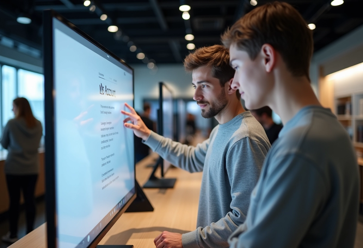 Jeune homme en magasin tech consultant un support