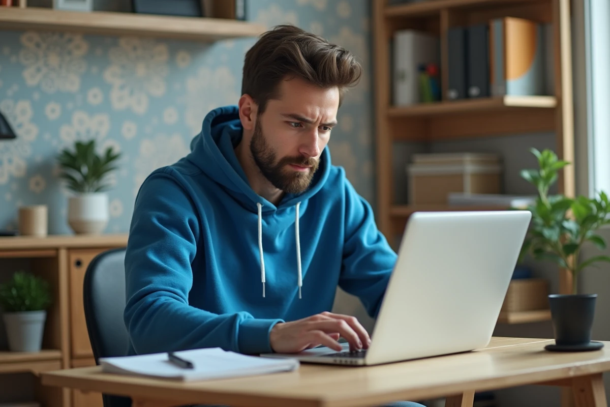 Jeune homme concentré travaillant sur un ordinateur portable dans un bureau à domicile