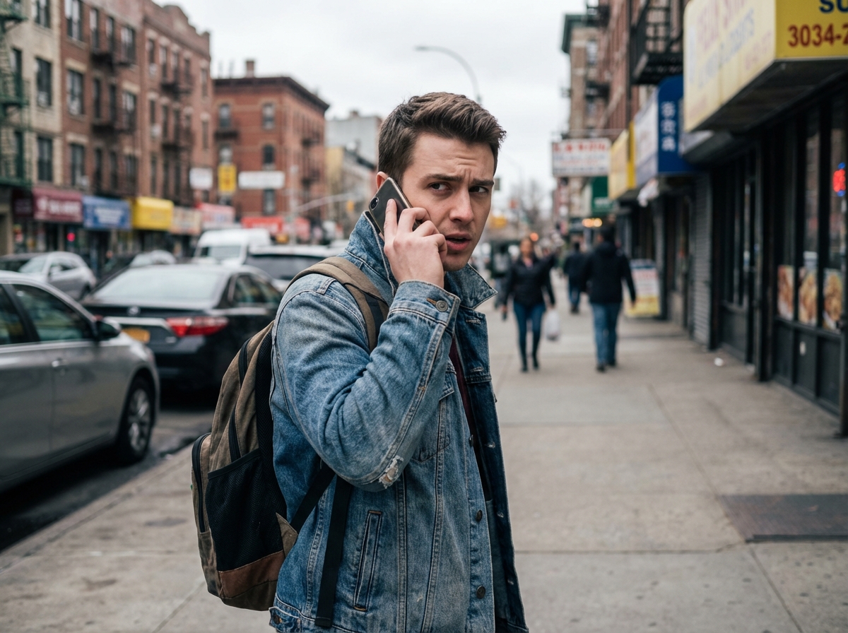 Jeune homme en ville parlant au téléphone avec tension