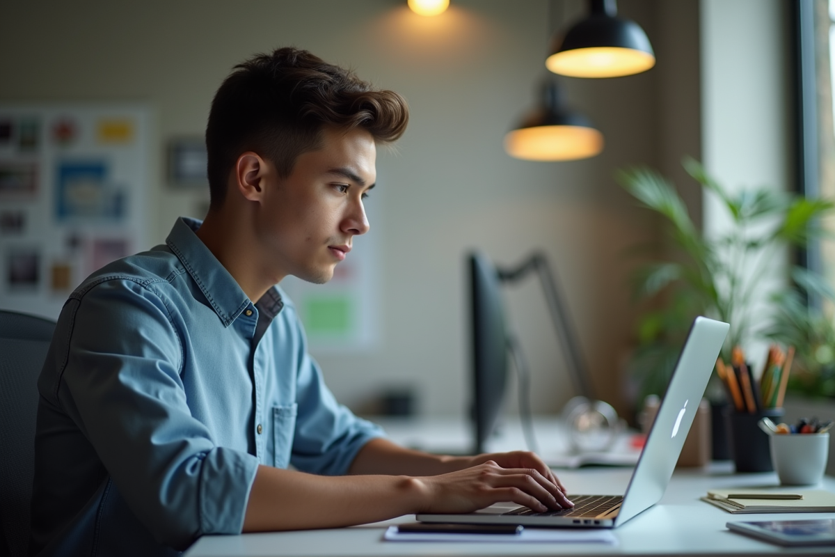Jeune professionnel utilisant un ordinateur portable dans un espace lumineux