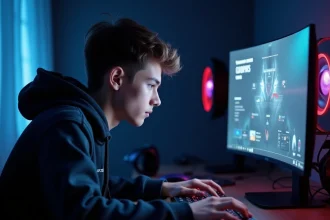 Joueur utilisant ASUS Armory Crate sur un laptop gaming dans une configuration bureau moderne