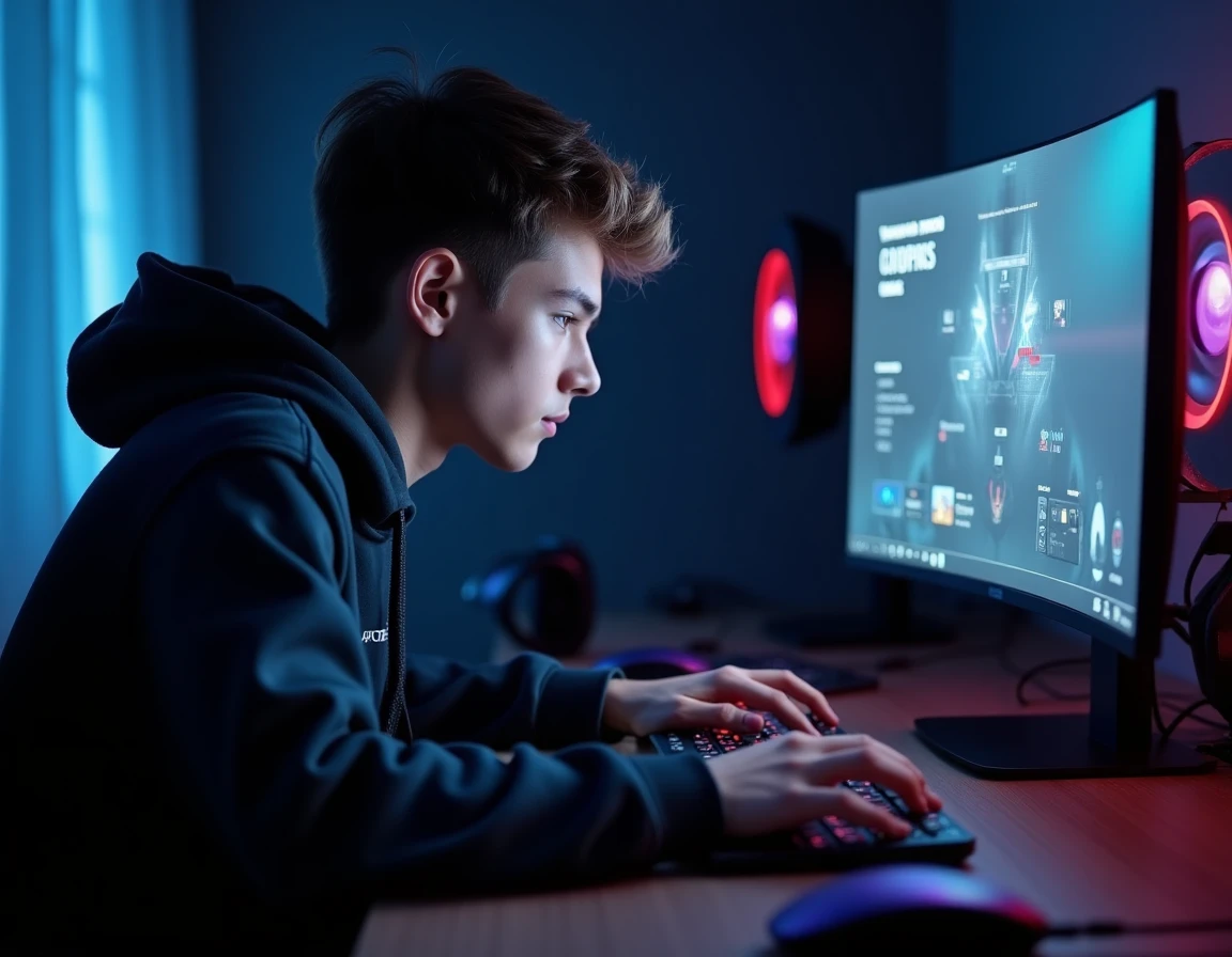 Joueur utilisant ASUS Armory Crate sur un laptop gaming dans une configuration bureau moderne