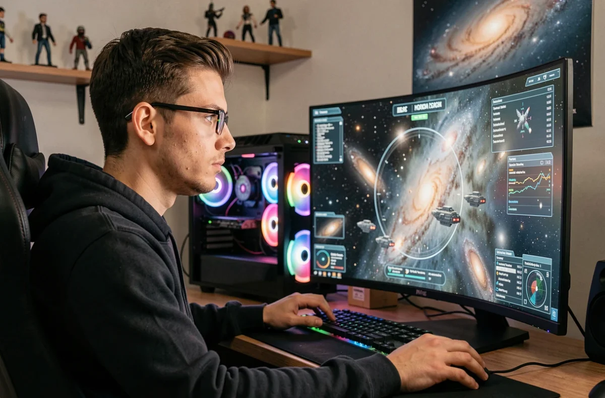Joueur immergé devant un écran ultrawide 21/9 affichant Eve Online 2, assis dans un fauteuil ergonomique dans un bureau gaming moderne