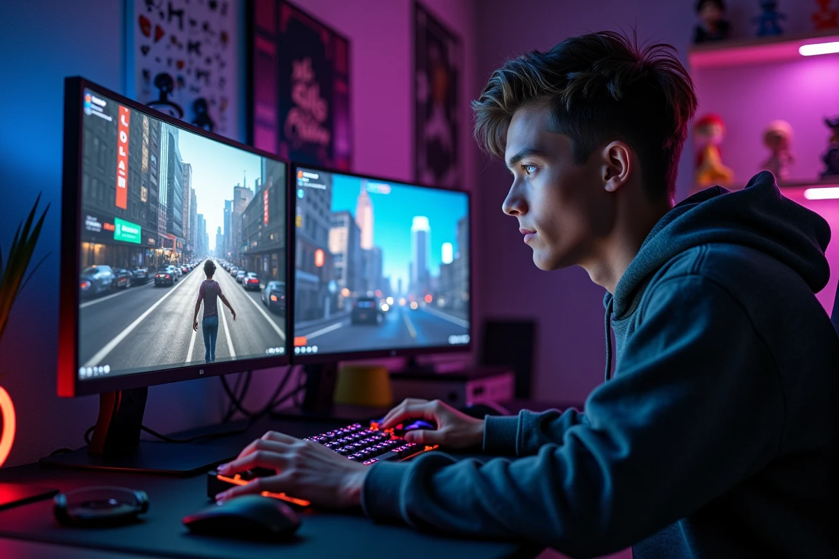 Joueur immergé dans GTA V avec des mods installés sur PC gaming double écran