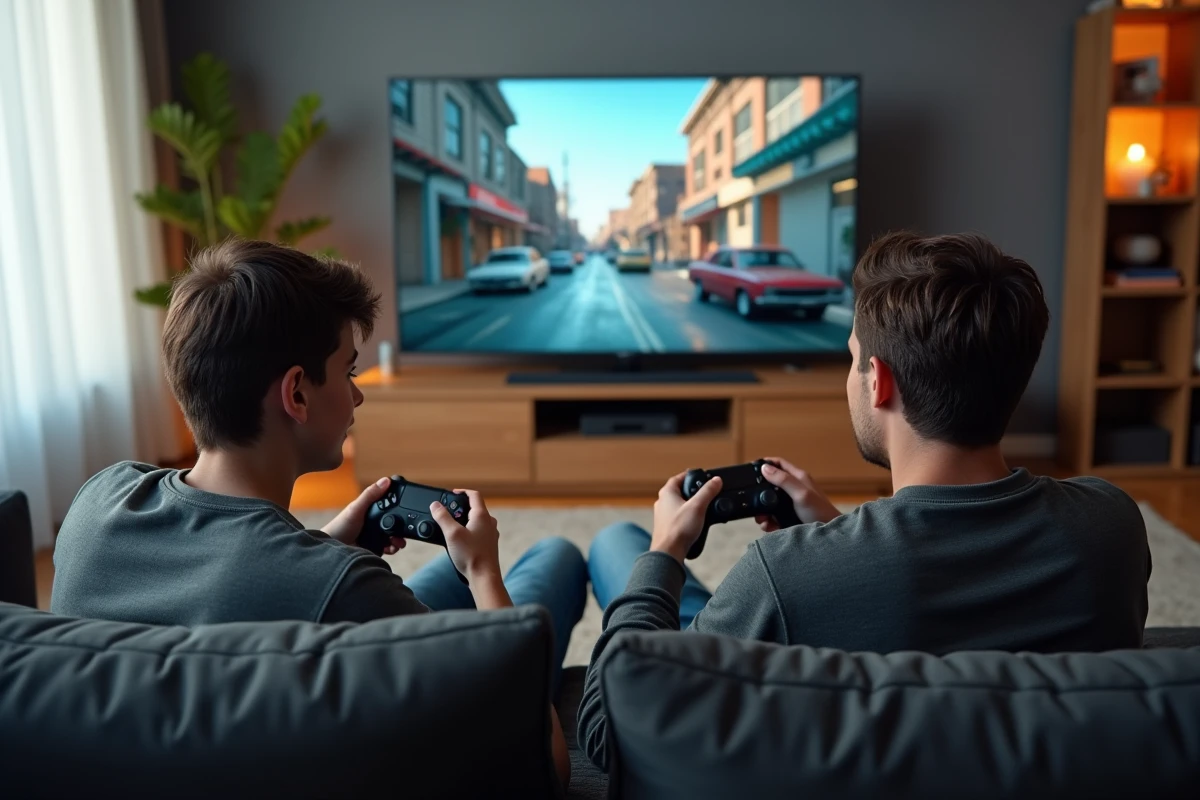 Deux joueurs découvrant ensemble les mods de GTA V sur console dans un salon moderne