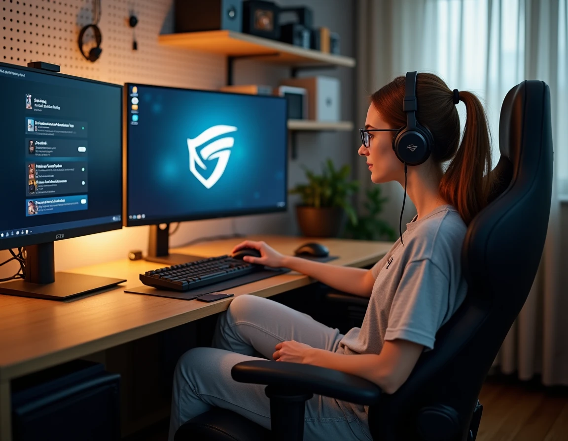 Joueuse en train d'évaluer les paramètres ASUS Armory Crate sur grand écran depuis son bureau gaming