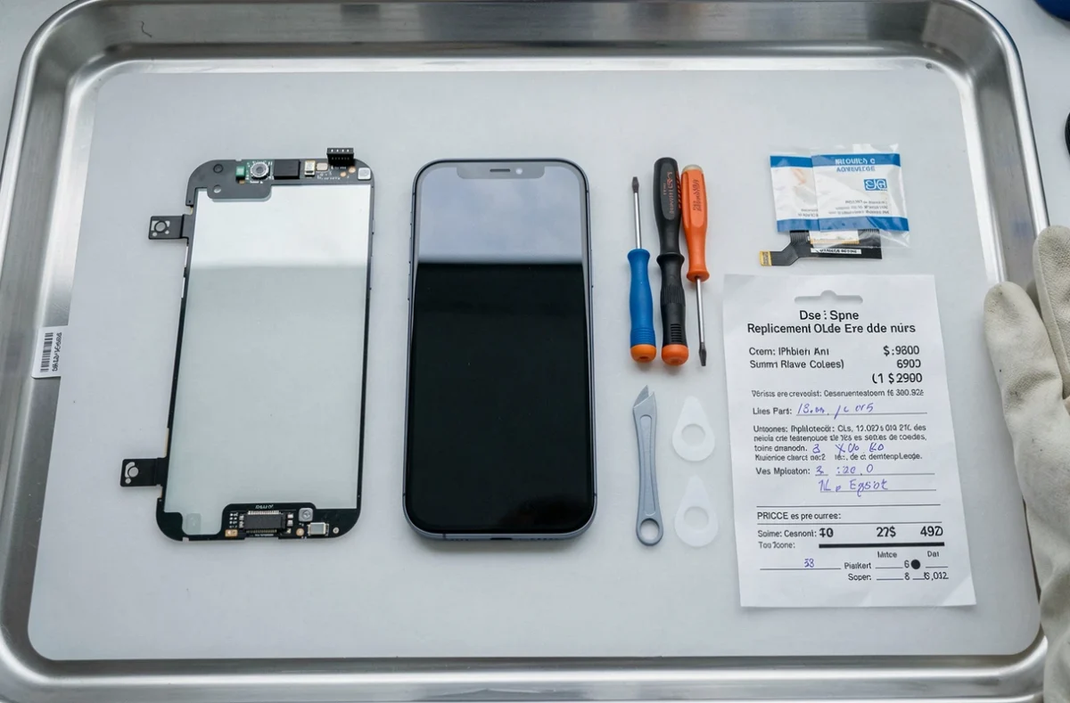 Kit de remplacement d'écran iPhone 11 avec outils de réparation et devis de prix sur un plan de travail professionnel
