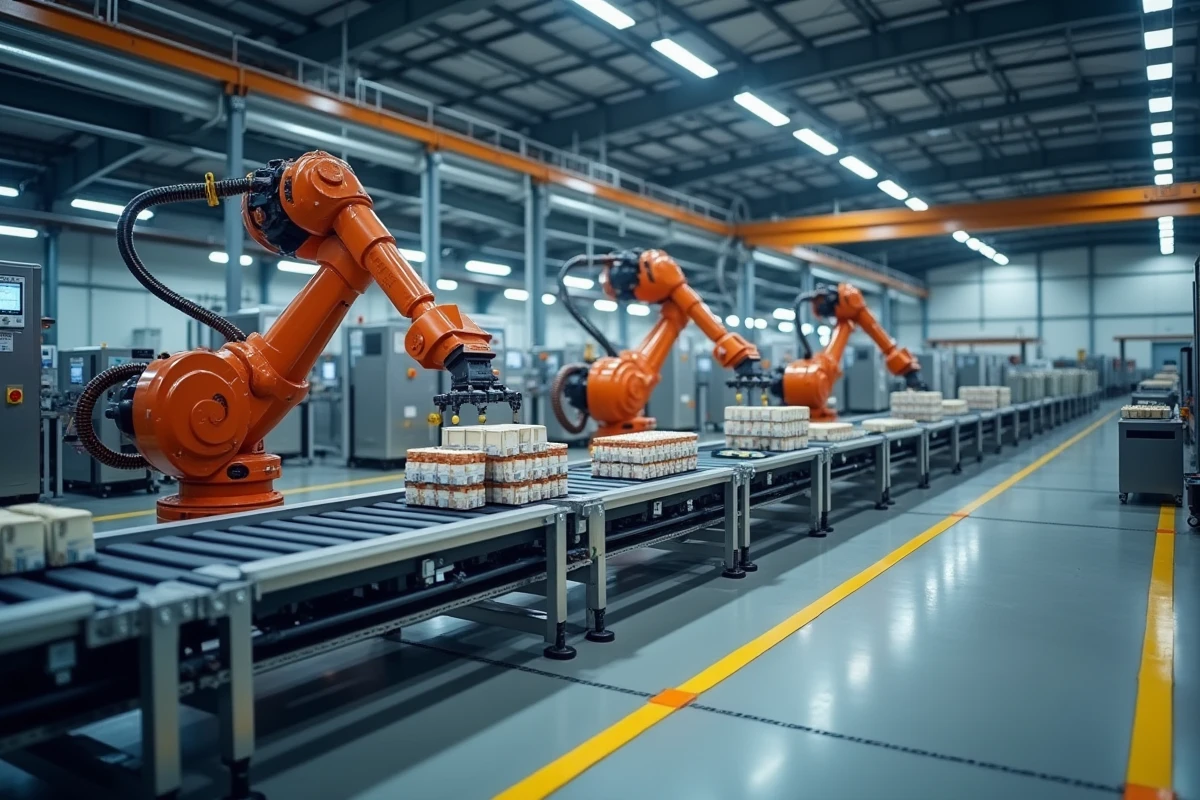 Vue large d'une ligne de production automatisée avec bras robotiques et panneaux de contrôle numériques en usine