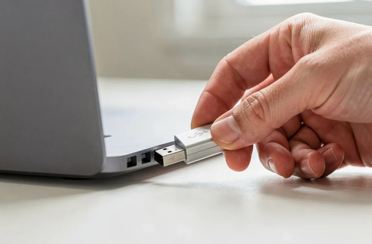 Main insérant une clé USB dans le port d'un ordinateur portable