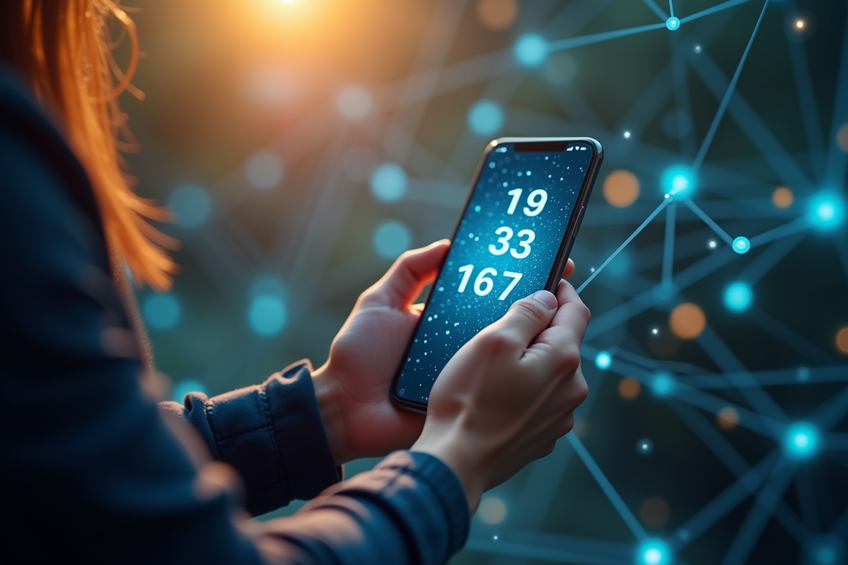 Main tenant un smartphone avec chiffres et réseau numérique