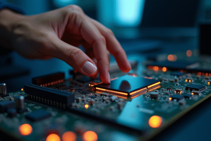 Main humaine touchant une carte mère avec signal ESD