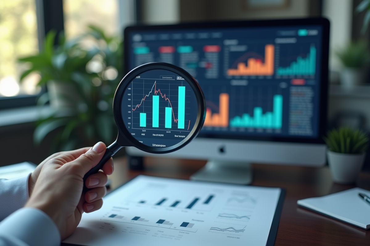 Deux mains tenant un graphique financier et captures d