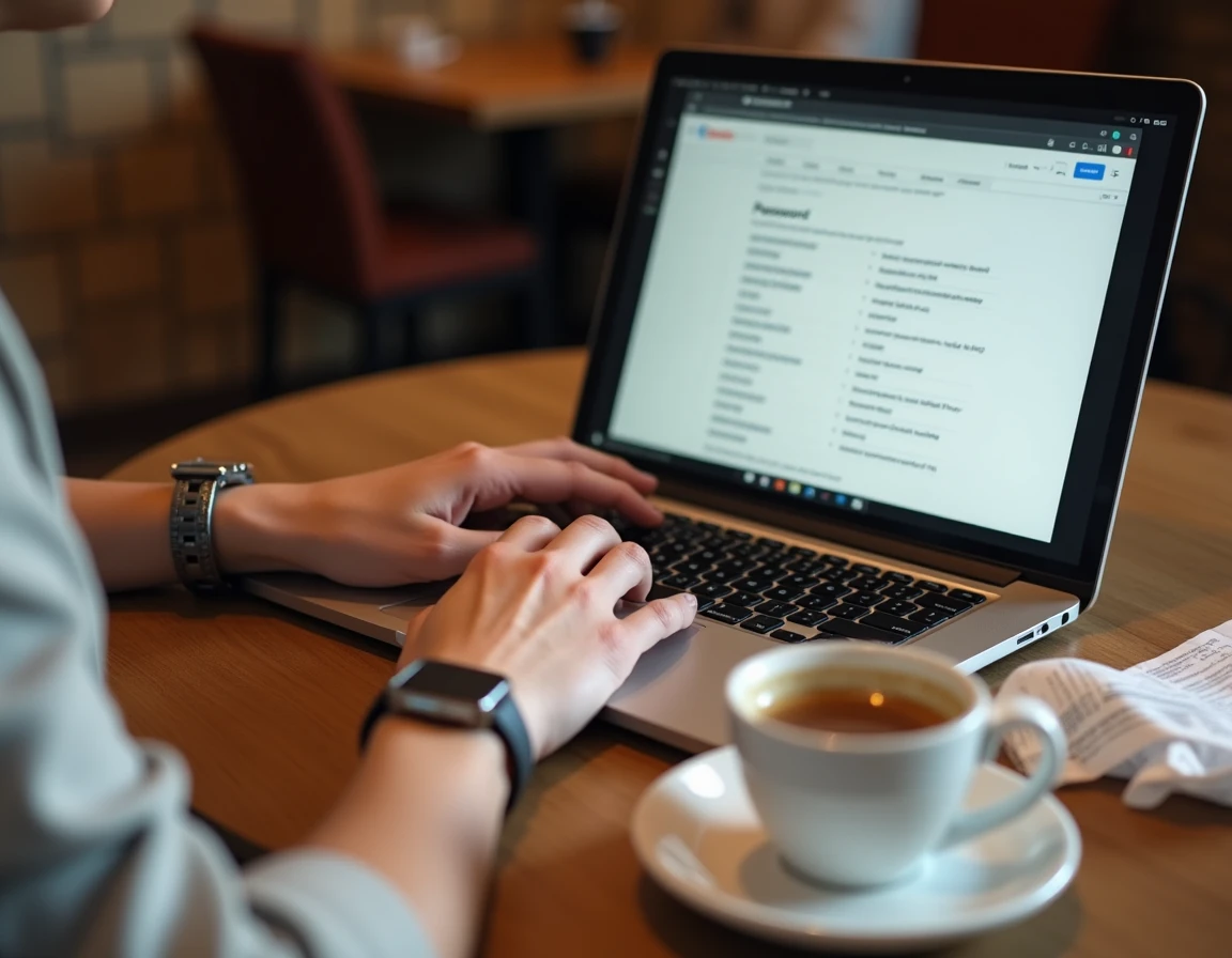 Mains naviguant dans le gestionnaire de mots de passe Google Chrome sur un laptop posé sur une table de café