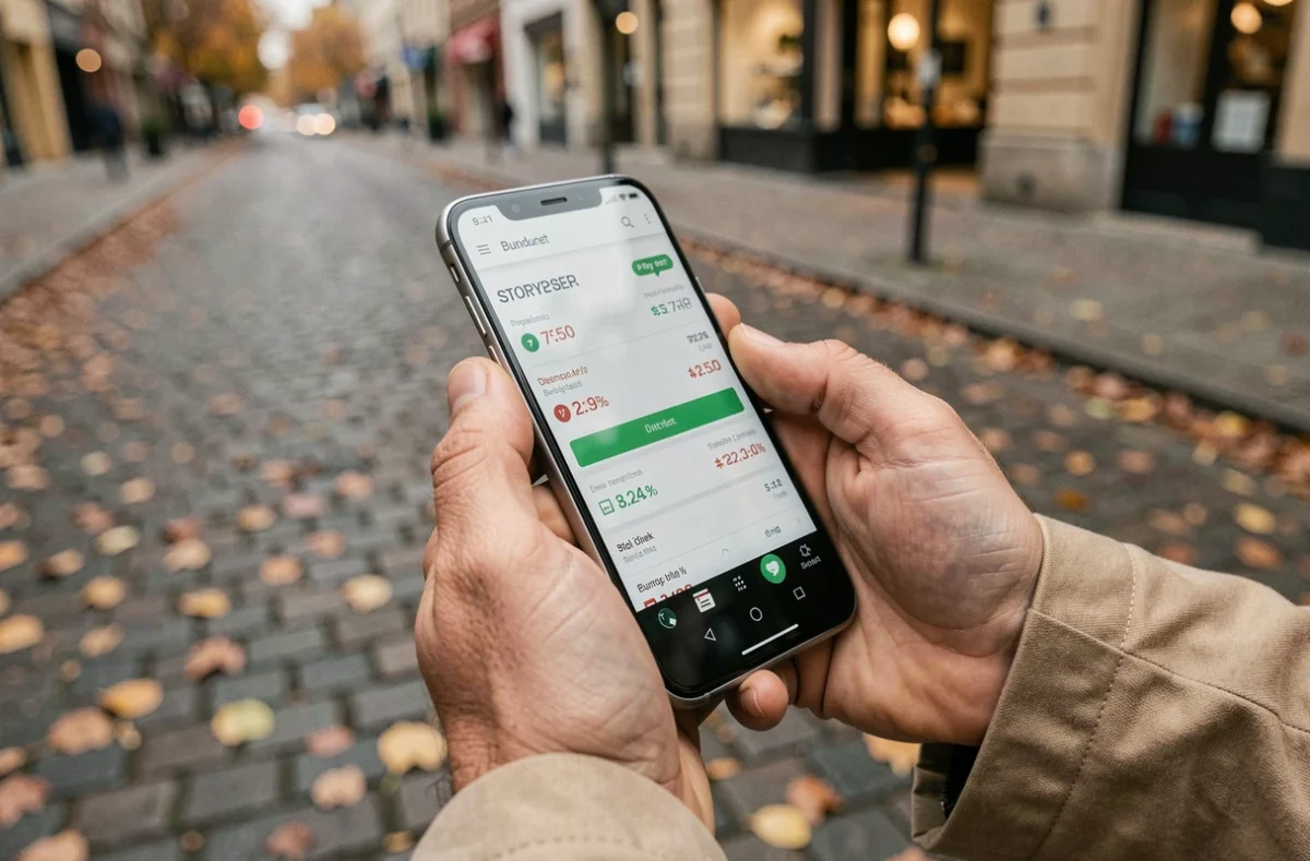 Mains tenant un smartphone à 200 euros en plein air avec une application de comparaison de prix ouverte à l'écran