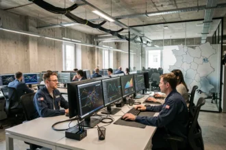 Vue panoramique d'un bureau informatique moderne en Moselle avec des techniciens travaillant sur des postes de travail multi-écrans