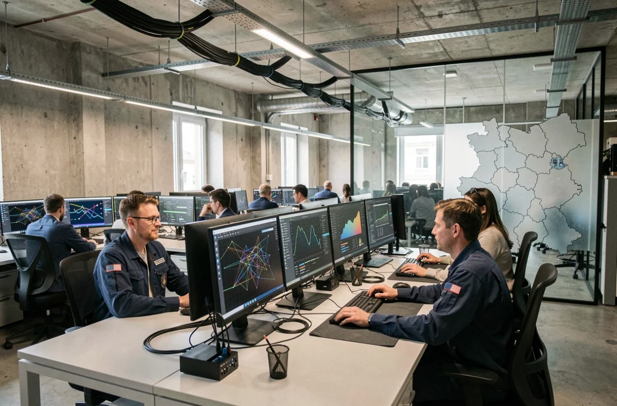 Vue panoramique d'un bureau informatique moderne en Moselle avec des techniciens travaillant sur des postes de travail multi-écrans