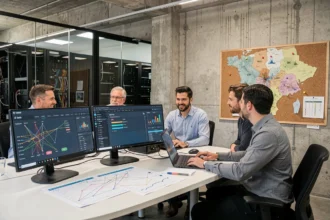 Équipe d'infogérance professionnelle travaillant dans un bureau moderne en région Centre-Val de Loire