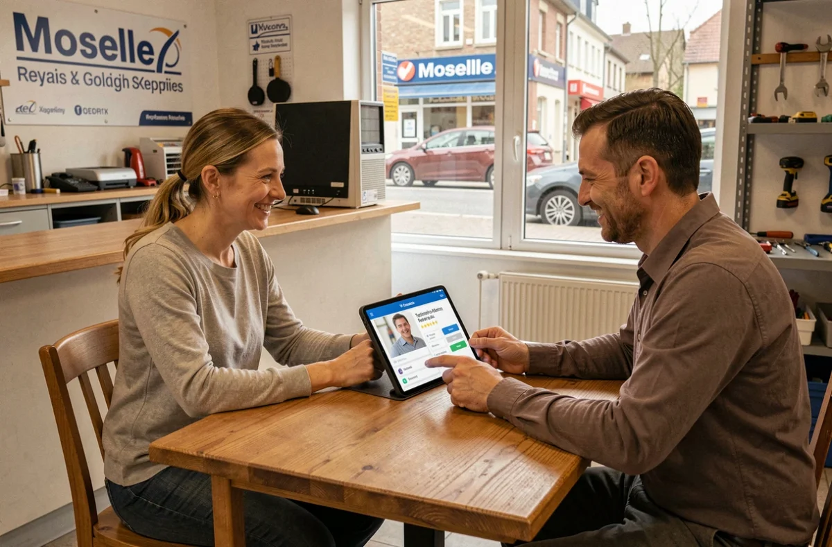 Cliente et technicien local consultant une plateforme de mise en relation Mon-Informaticien.com dans une boutique de réparation en Moselle