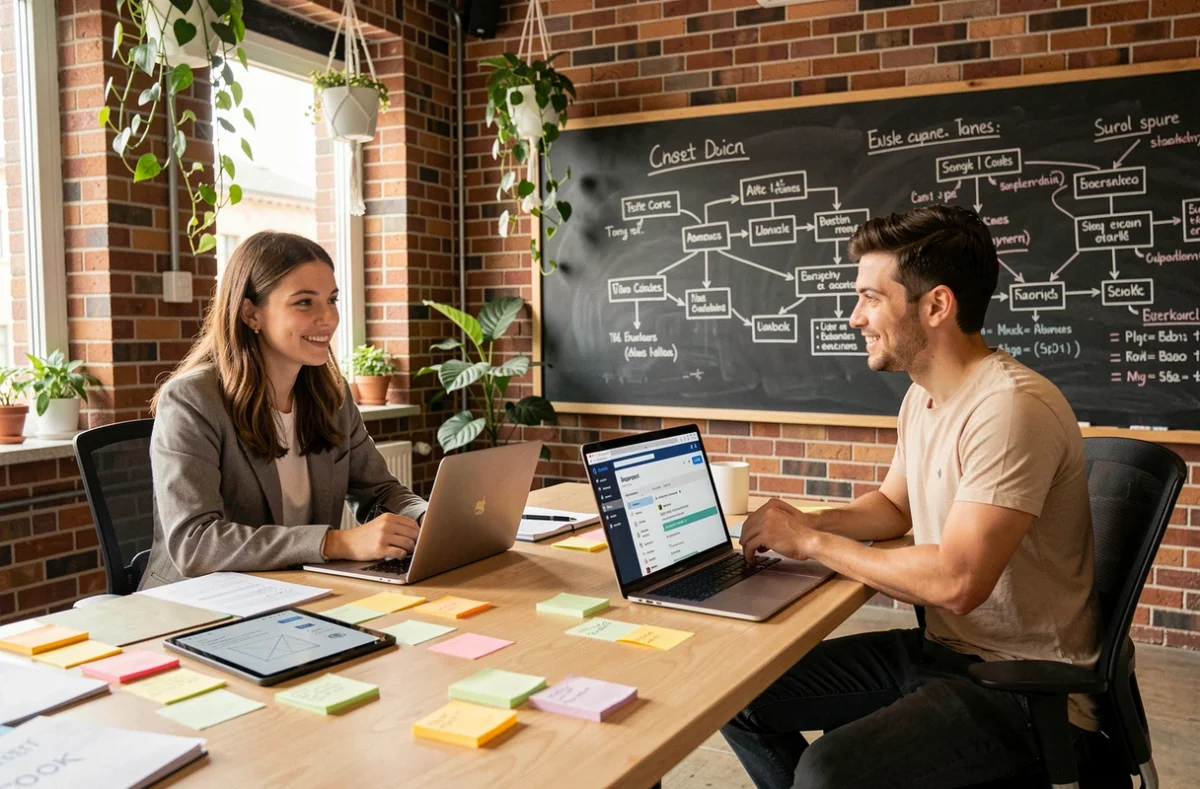 Équipe de l'agence Nodule Multimédia travaillant sur un projet de support technique dans un studio numérique créatif
