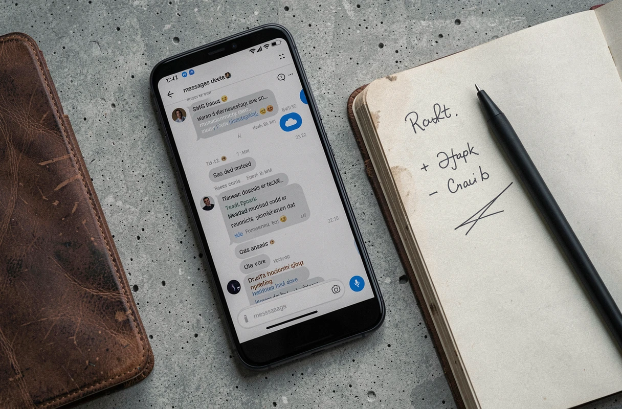 Vue à plat d'un smartphone affichant une notification de SMS effacés avec icône de sauvegarde verrouillée, posé sur une surface en béton avec un carnet de notes