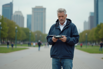 Homme drone opérateur en ville en extérieur