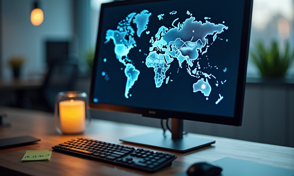 Ordinateur de bureau avec carte du monde affichée à l'écran