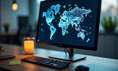 Ordinateur de bureau avec carte du monde affichée à l'écran