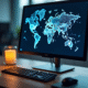 Ordinateur de bureau avec carte du monde affichée à l'écran