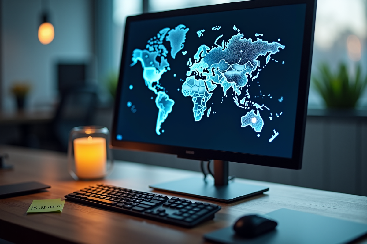 Ordinateur de bureau avec carte du monde affichée à l'écran