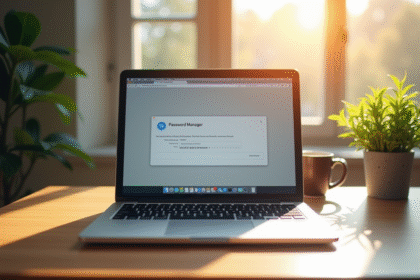 Ordinateur portable sur un bureau lumineux avec gestionnaire de mots de passe