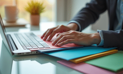 Mains organisant des dossiers colorés sur un bureau lumineux