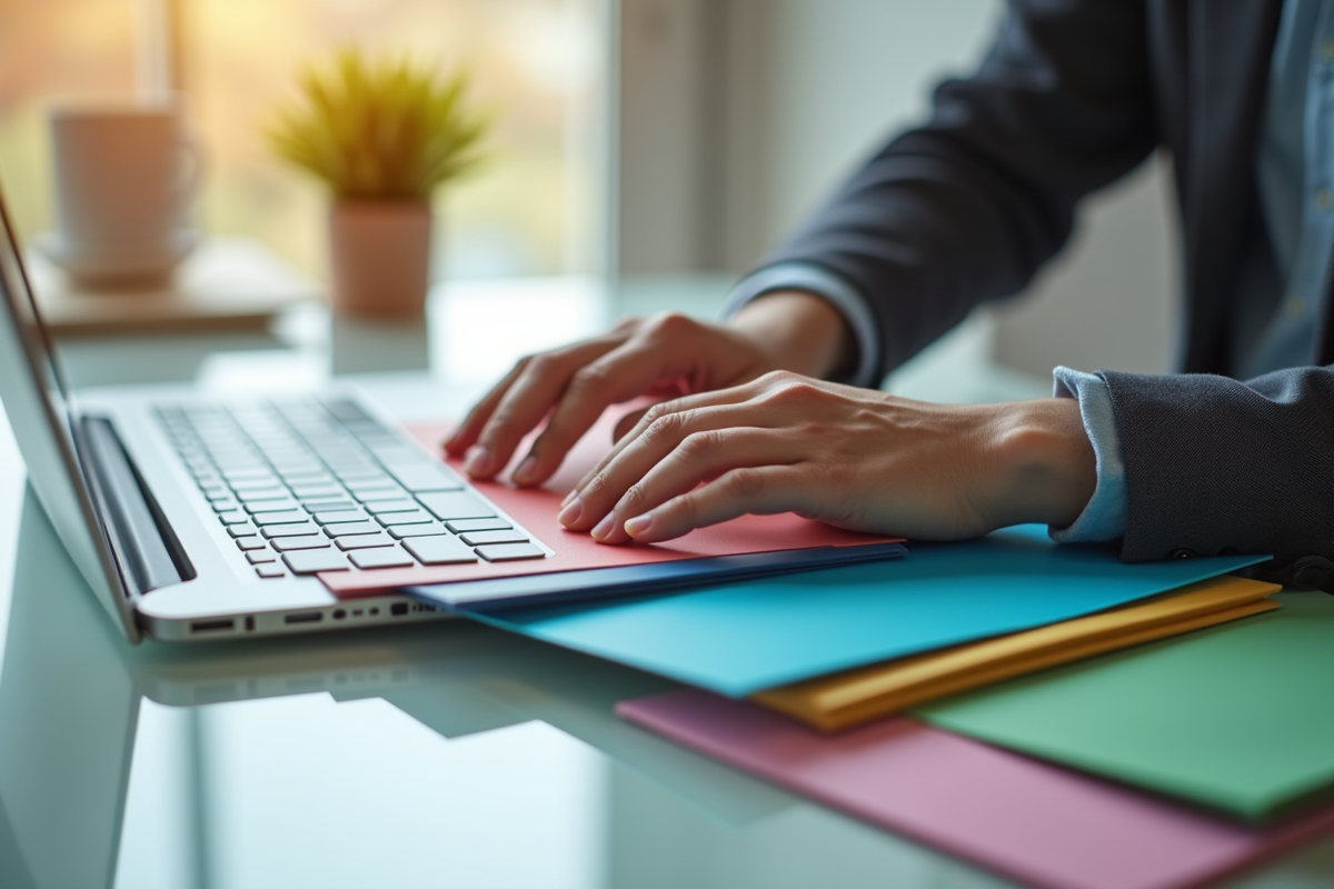 Mains organisant des dossiers colorés sur un bureau lumineux
