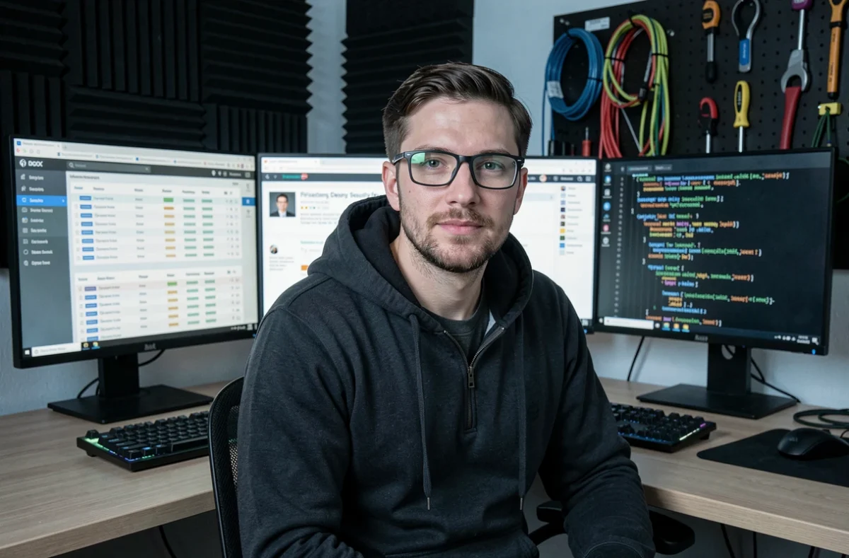 Expert en cybersécurité d'OTO Services analysant des journaux de pare-feu et des ressources de sécurité informatique sur plusieurs écrans