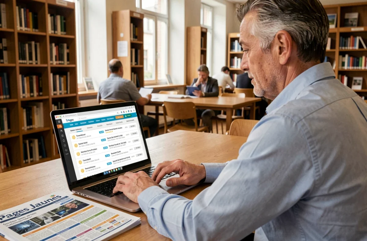 Professionnel consultant l'annuaire Pages Jaunes Moselle en ligne et imprimé pour trouver des prestataires en sécurisation réseau
