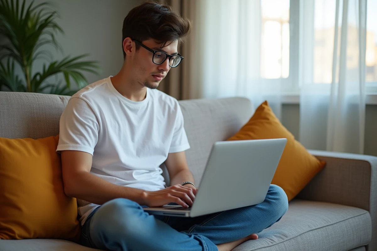 Jeune personne paramétrant un compte webmail 1&1 sur ordinateur portable depuis le salon