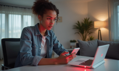 Personne inquiète tenant un smartphone devant un modem bbox rouge