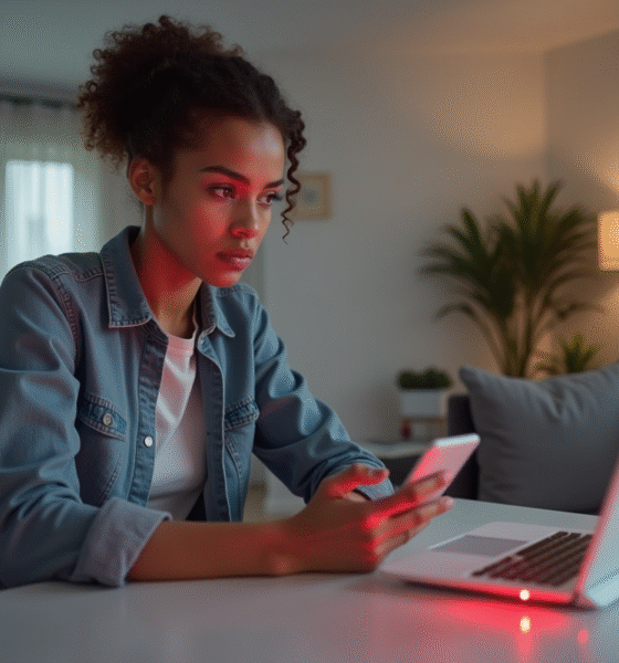 Personne inquiète tenant un smartphone devant un modem bbox rouge