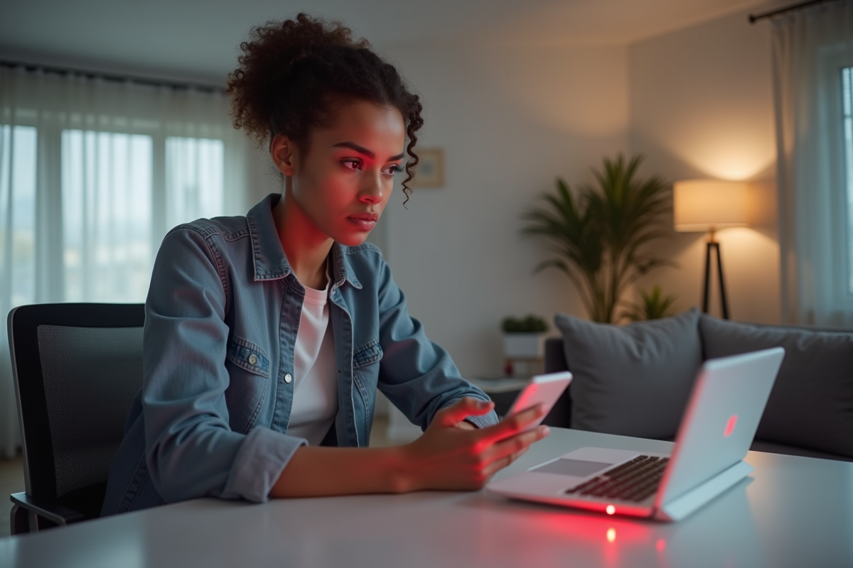 Personne inquiète tenant un smartphone devant un modem bbox rouge