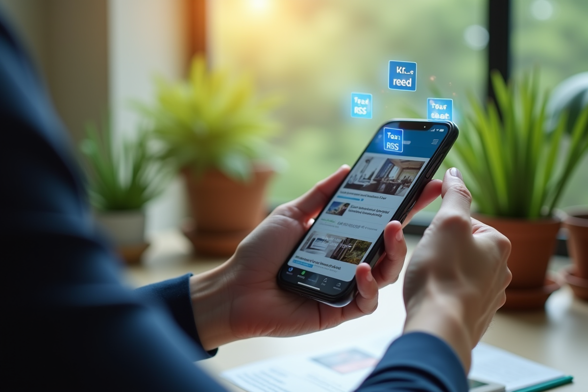 Mains tenant un smartphone avec des symboles RSS flottants