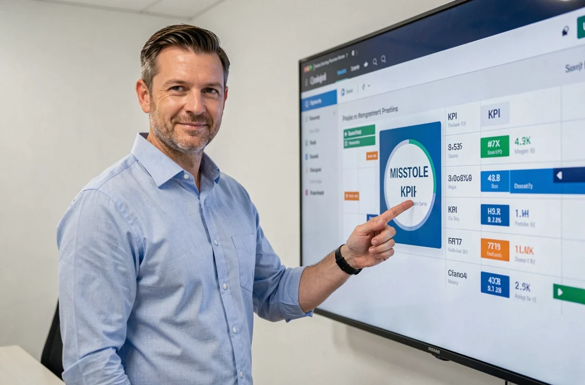 Chef de projet de l'agence Pilot'in consultant un tableau de bord de gestion de projet numérique dans une salle de réunion