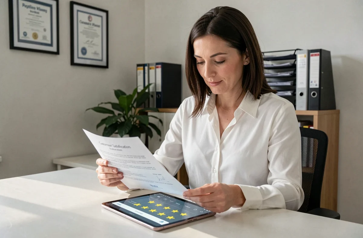 Cheffe d'entreprise consultant des avis clients contrôlés sur une tablette dans le cadre du réseau Plus que pro en Moselle